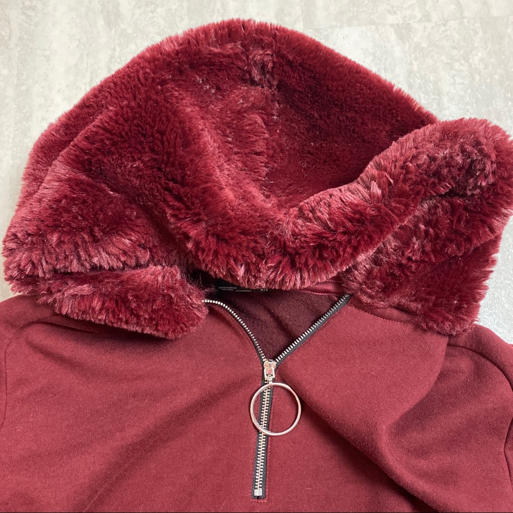 Zara Red wine Color faux fur hoodie pullover